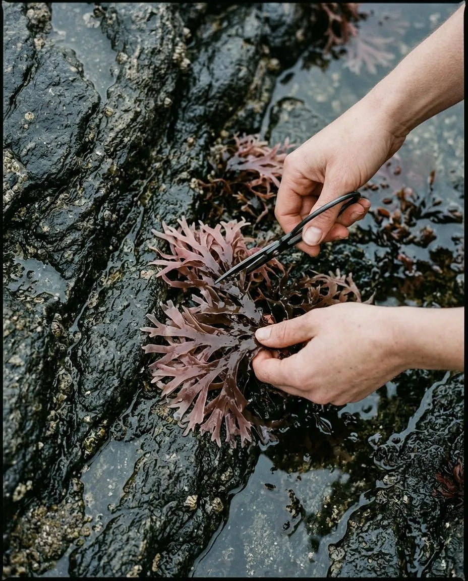 Hands cutting a frond of sea moss from wet rock at low tide.